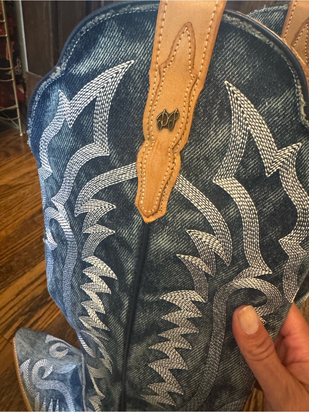 Dan Post Distressed Denim-Blue Embroidered Western Boot with Tan Pull - Picture 4 of 8